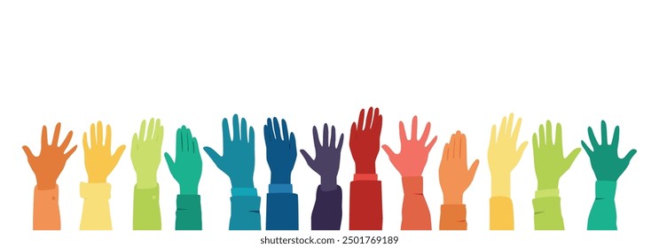 Raised hands. Volunteering, teamwork concert.