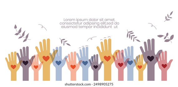 Raised hands. Volunteering, teamwork concert.Flat design hands with hearts on miscellaneous colors Vector illustration