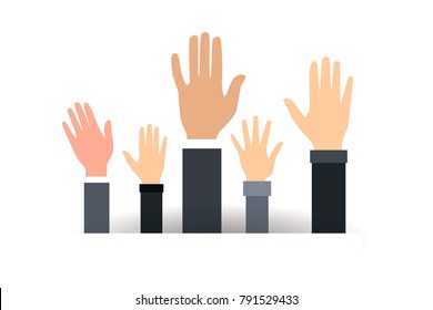 Raised hands volunteering vector concept. Voting rising hands vector concept in flat style
