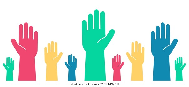 Manos levantadas, voluntariado, ilustración vectorial. Icono plano para los conceptos de caridad, donación y contribución