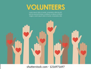 Raised hands volunteers concept. Vector illustration
