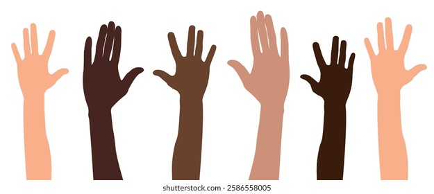 Raised hands of volunteers from diverse ethnic groups, symbolizing unity and support. A vibrant vector illustration on the theme of community and help.