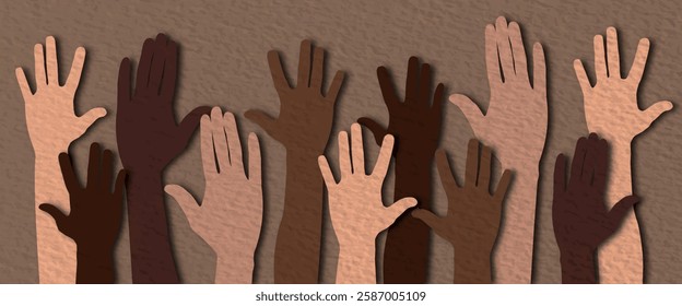 Raised hands of volunteers from diverse ethnic groups, symbolizing unity and support. Paper cut style. Vector. Banner.