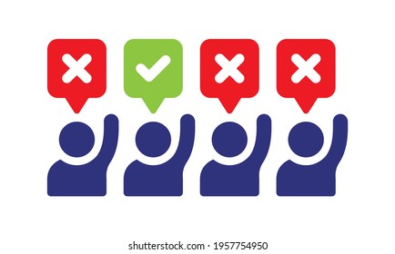 Raised hands vote with one person in minority saying Yes. Three persons reject the decision. Voting politic concept vector icon.