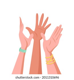 Raised up hands of young people working in team. Concept of unity, cooperation, team, togetherness, social community and movement. Vector illustration.
