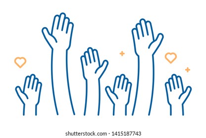 Raised helping hands vector icon. Illustration for volunteer and charity work in flat style with arms and geometric elements, hearts.  Crowd of people ready and available to help and contribute. 