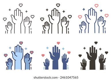 Raised helping volunteer hands icon. Vector graphic elements for volunteering, charity, voting, assistance