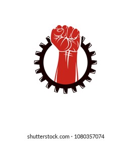 Raised human arm surrounded by engineering cog wheel. Proletarian leader abstract vector illustration, social revolution concept.