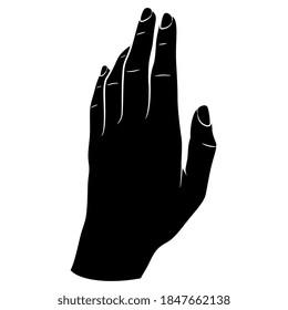 Raised up human female hand. Black and white linear silhouette. Top view. Elegant gesture.