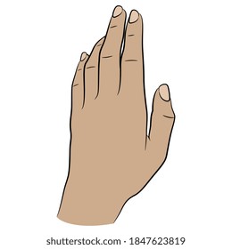 Raised up human female hand. Top view. Elegant gesture. Cartoon style.