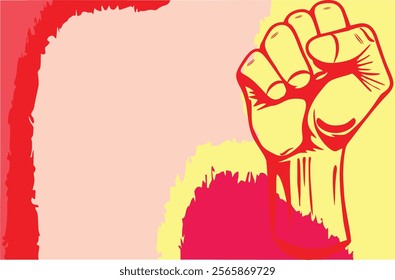 Raised human fist, Uprising and Power symbol. Determination, Protest and commitment icon. Clenched fist raised up gesture for revolution, movement, rebellion and victory. Copy space poster, EPS 10.