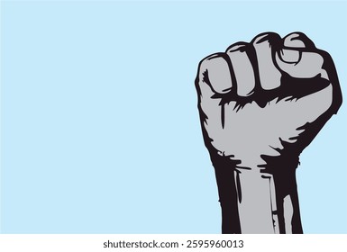 Raised human fist, Uprising and Power symbol. Determination, Protest and commitment icon. Clenched fist raised up gesture for revolution, movement, rebellion and victory. Poster and banner. EPS 10.