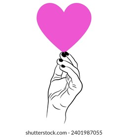 Heben Sie die menschliche Hand mit schwarzen Nägeln, die ein Herzsymbol tragen. Kreatives Konzept für die Liebe. Romantisches Valentinstag-Design.
