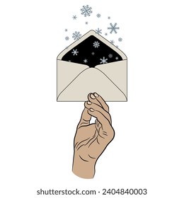 Raised up human hand holding a paper envelope with snowflakes inside. Seasonal winter design. New year greeting. Creative idea. Isolated vector illustration.