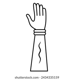 Erhobene menschliche Hand mit offener Handfläche. Armsymbol. Lineare Silhouette in Schwarzweiß.