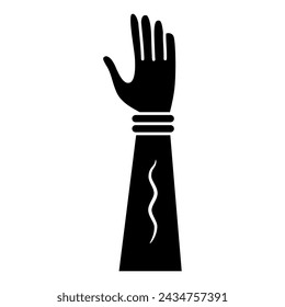 Raised up human hand with open palm. Arm symbol. Black and white silhouette.