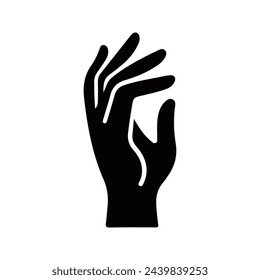 Raised human hand with open palm and bent fingers. Grasping gesture. Vector image of a silhouette of a human hand, black on a white background.