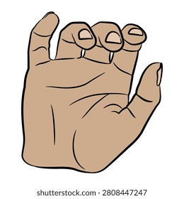 Raised up human hand with open palm and bent fingers. Greeting gesture. 