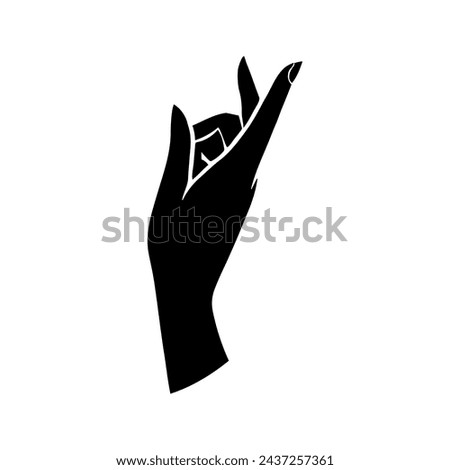 Raised human hand with open palm and bent fingers. Grasping gesture. Vector image of a silhouette of a human hand, black on a white background.