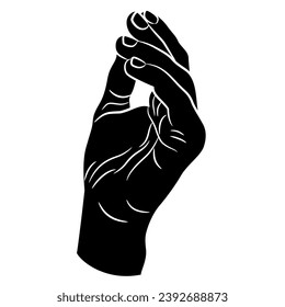 Raised up human hand in pinch or snap gesture. Cartoon style. Black and white silhouette.