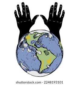 Raised up human hands emerging from planet Earth. Creative global environmental concept. Isolated vector illustration.