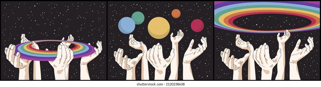 Raised human hands. Rainbow and planets in space. Retro sci-fi poster