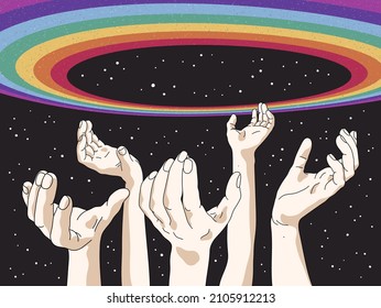 Raised human hands. Rainbow in space. Starry sky. Romantic LGBT poster