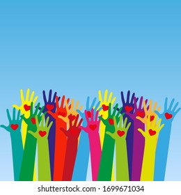 Raised human hands with red hearts. Concept of charity, volunteerism and donation. Children's hands hold heart symbols. Purity and sacrifice are given through their love for poor people. Vector