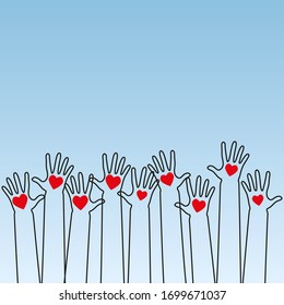 Raised human hands with red hearts. Concept of charity, volunteerism and donation. Children's hands hold heart symbols. Purity and sacrifice are given through their love for poor people. Vector
