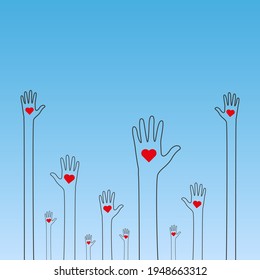 Raised human hands with red hearts. Concept of charity, volunteerism and donation. Children's hands hold heart symbols. Purity and sacrifice are given through their love for poor people. Vector