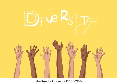 Raised human hands set. Multiracial people together. Diversity concept