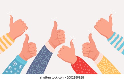 Levanté las manos del hombre con los pulgares hacia arriba. Me gusta la red social, aprobación, concepto de comentarios de los clientes. Ilustración del vector 
