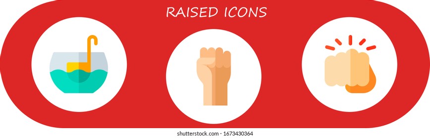 raised icon set. 3 flat raised icons.  Simple modern icons such as: punch, fist