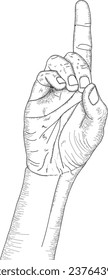 Raised index finger, One Finger Up, Hand gesture, Pointing up finger, Retro vintage sketch, Engraving style, black isolated on white background