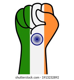 Raised indian fist flag. Indian hand. Fist shape india flag color. Patriotic demonstration, rebel, protest, fighting for human rights, freedom. Vector flat icon, symbol for web banner, posts