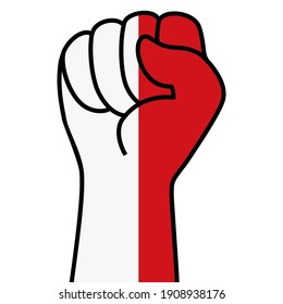 Raised indonesian fist flag. Hand of indonesia. Fist shape indonesia flag color. Patriotic demonstration, protest, fighting for human rights, freedom. Vector flat icon, symbol for web banner, posts