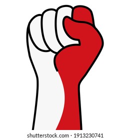 Raised indonesian fist flag. Hand of indonesia. Fist shape indonesia flag color. Patriotic demonstration, rebel, protest, fighting for human rights, freedom. Vector icon, symbol for web banner, posts