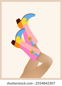 Raised Up Long, Shapely Legs In Colorful Cowboy Boots. Girly Print with Cowgirl Legs in Pink Boots on a Beige Background. Girl Power. Vector Illustration of Colorful Rodeo Boots. Rodeo Time.