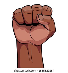 Raised Male Hand African Descent Compressed in a Fist with Palm Towards Viewer. Concept of Power, Superiority or Leadership. Realistic Color Sketch Illustration on White Background