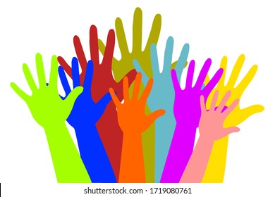 Raised many color hands on a white background. The concept of charity, volunteer, kindnees, election, voting, conert concept. 