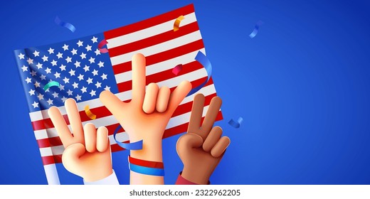 Raised multiracial hands with USA flag. 4th of July. Celebrating Independence Day. Vector illustration