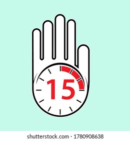 raised, open hand with a watch on it. Time for rest or break, pause. 15 minutes or seconds. Flat design.