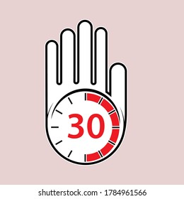 levantada, abierta la mano con un reloj. Tiempo de descanso o descanso, pausa. 10 minutos o segundos. Diseño plano.