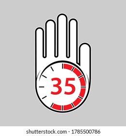raised, open hand with a watch on it. Time for rest or break, pause. 35 minutes or seconds. Flat design.