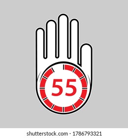 raised, open hand with a watch on it. Time for rest or break, pause. 55 minutes or seconds. Flat design.