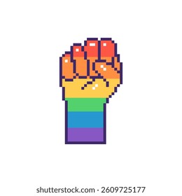 Raised pixel fist in vibrant rainbow colors. Hand drawn vector illustration.