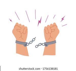 Raised Protest Arms Fist Breaks Chains Of Fetters. Human Hands Raise High Up Knuckles. Flat Art Vector Illustration