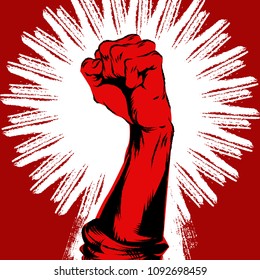 Raised protest human fist. Retro revolution grunge poster design	