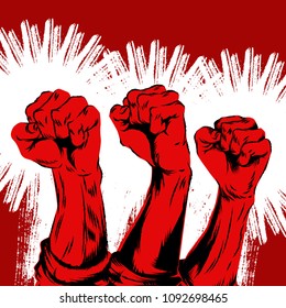 Raised protest human fist. Retro revolution grunge poster design	