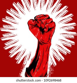 Raised protest human fist. Retro revolution grunge poster design	